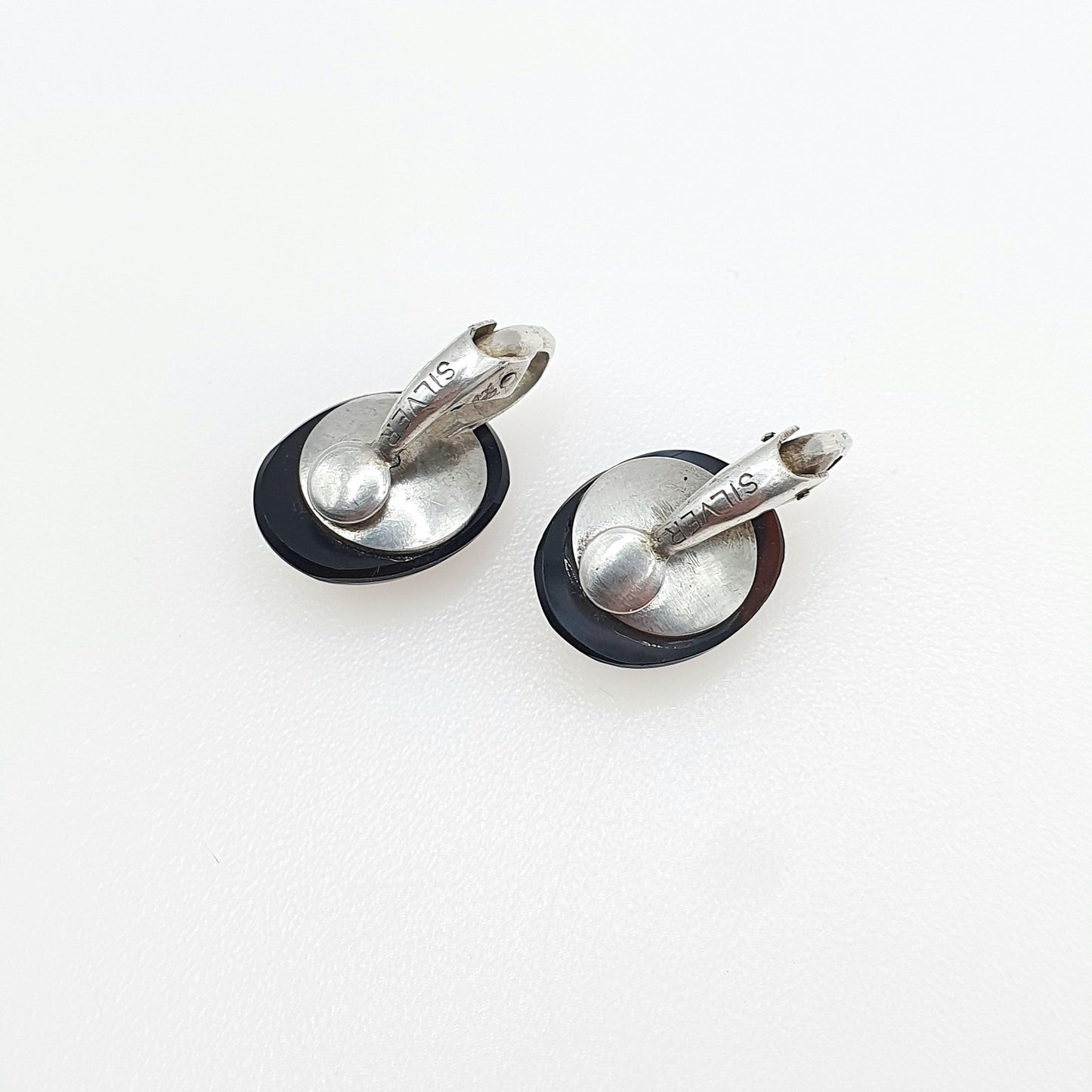 Antique Victorian Solid Silver Diamond Paste Bullseye Agate Earrings Genuine Gemstone Clip On Jewelry Jewellery Unisex Womens