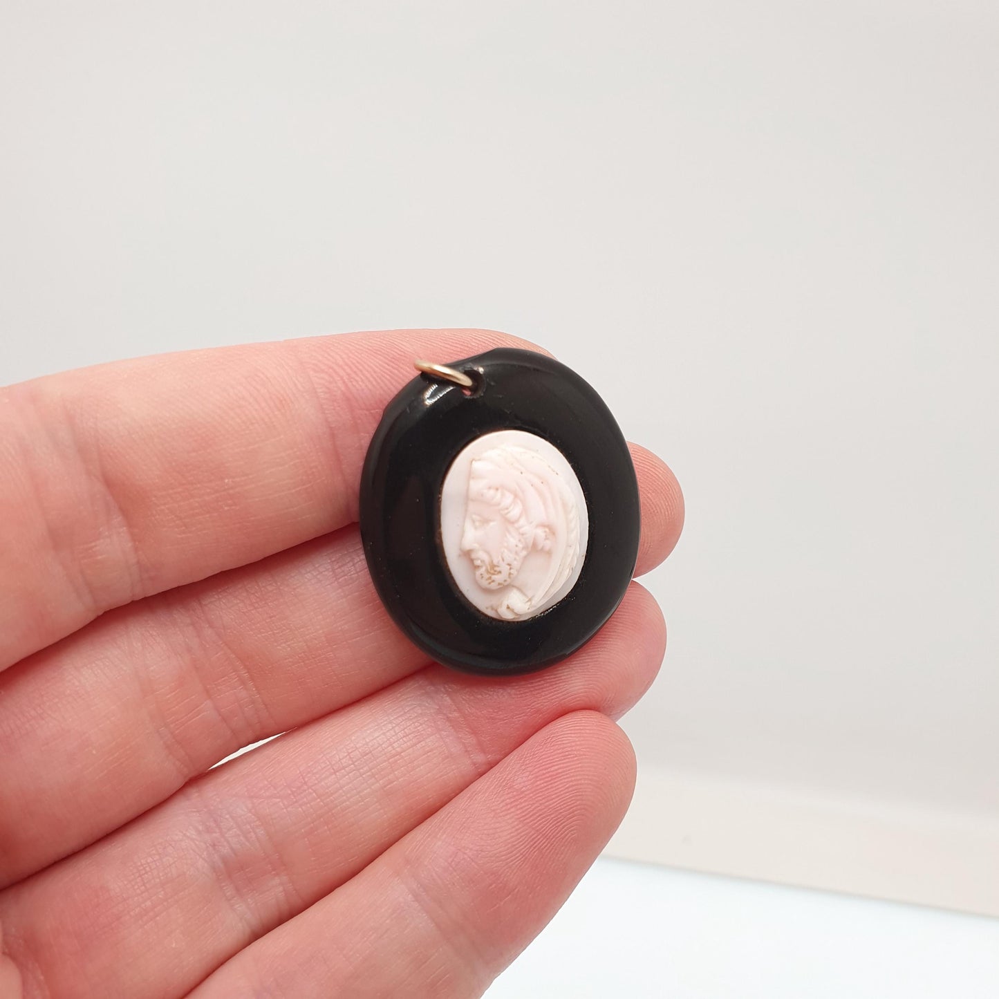 Antique Victorian Whitby Jet Cameo Pendant Necklace Pink Conch Shell Oval Hand Carved Mourning Vintage Jewelry Jewellery
