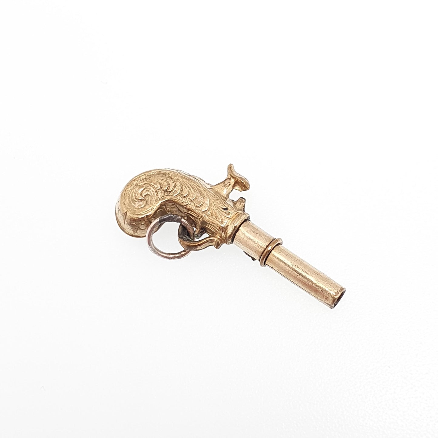 Antique Victorian Flintlock Pistol Pocket Watch Key Fob Pendant Necklace Gold Tone Base Metal Vintage Jewellery Jewelry