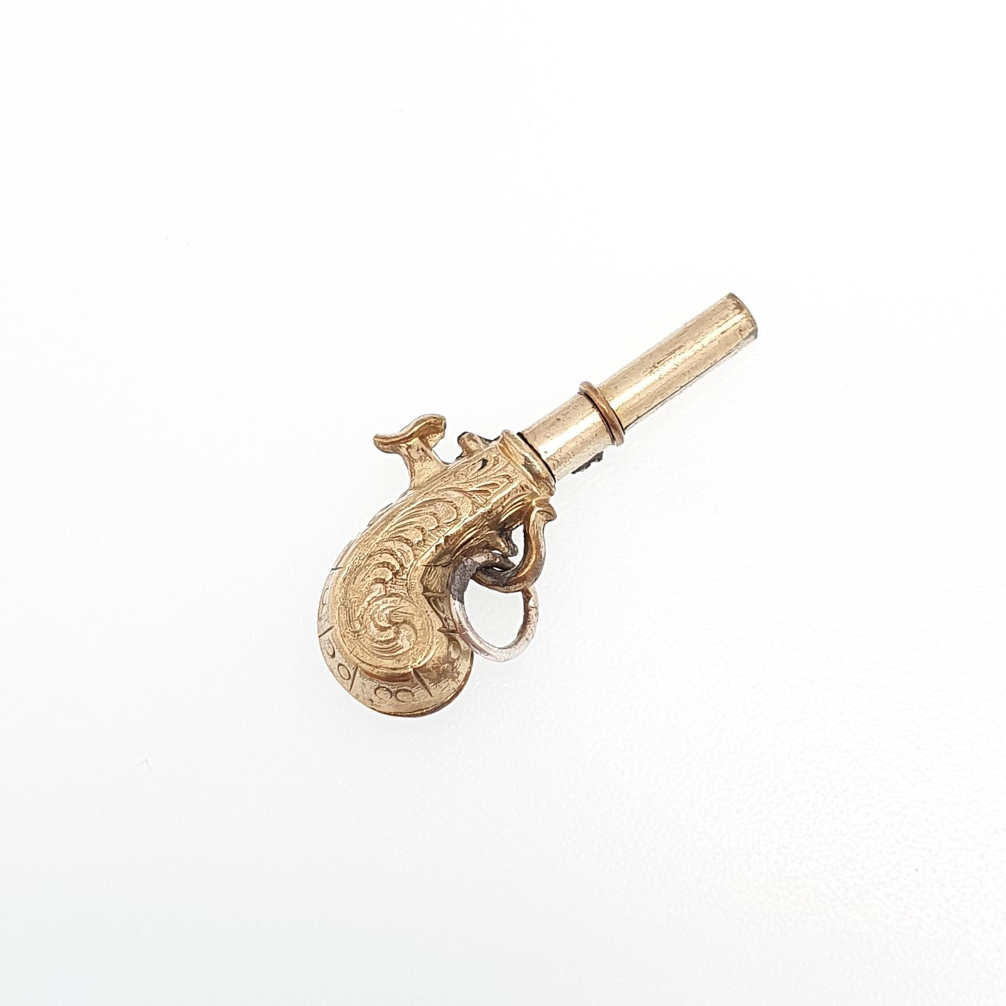 Antique Victorian Flintlock Pistol Pocket Watch Key Fob Pendant Necklace Gold Tone Base Metal Vintage Jewellery Jewelry