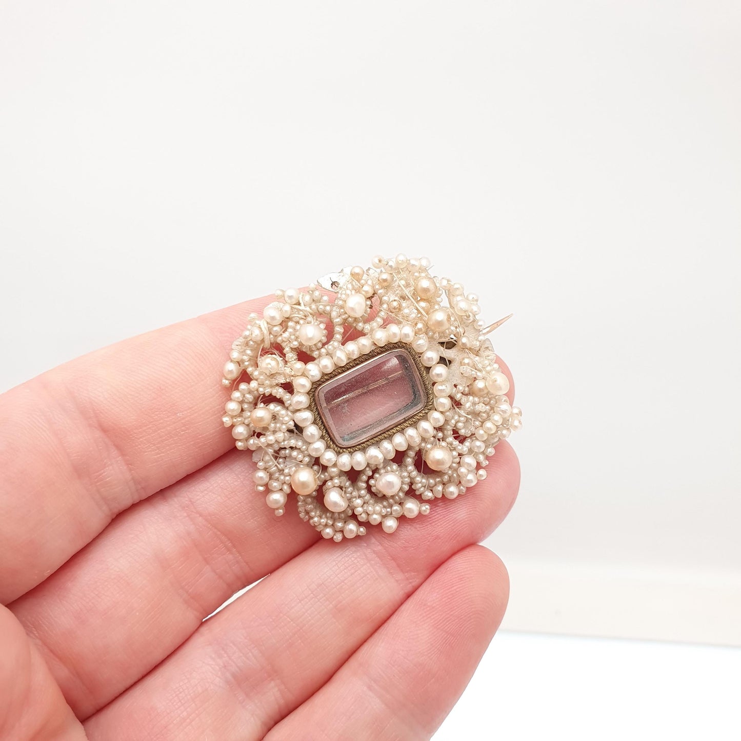 Antique Georgian 9ct Gold Seed Pearl Brooch Mourning Locket Cluster Pin Mother of Pearl Natural Pearls Woven Handmade Jewellery Jewelry