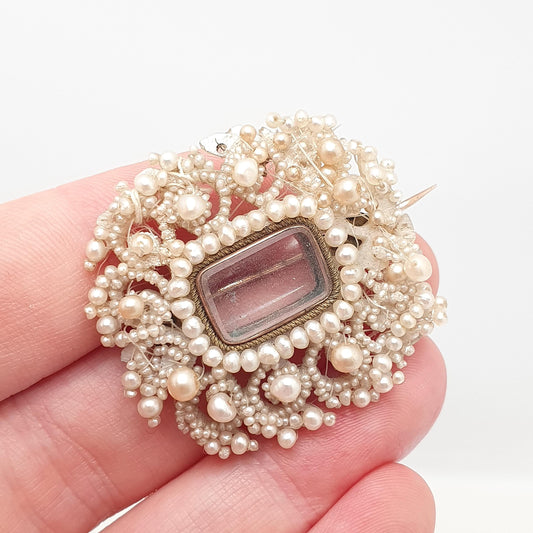 Antique Georgian 9ct Gold Seed Pearl Brooch Mourning Locket Cluster Pin Mother of Pearl Natural Pearls Woven Handmade Jewellery Jewelry