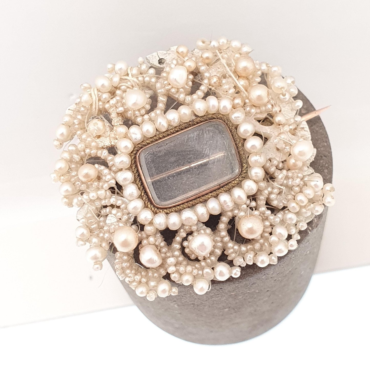 Antique Georgian 9ct Gold Seed Pearl Brooch Mourning Locket Cluster Pin Mother of Pearl Natural Pearls Woven Handmade Jewellery Jewelry