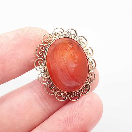 Antique Victorian 9ct Gold Virgin Mary Intaglio Brooch Pin Carnelian Gemstone Solid 9k 9kt Mother Vintage