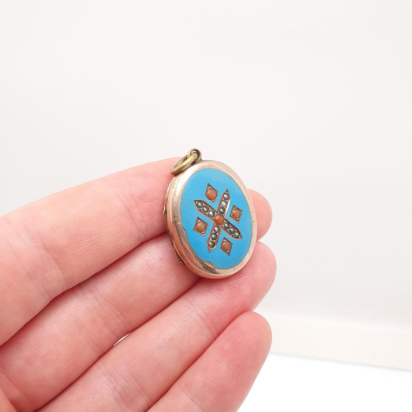 Antique 9ct Gold Coral & Seed Pearl Locket Back and Front Sky Blue Enamel Victorian Necklace Pendant 9k 9kt