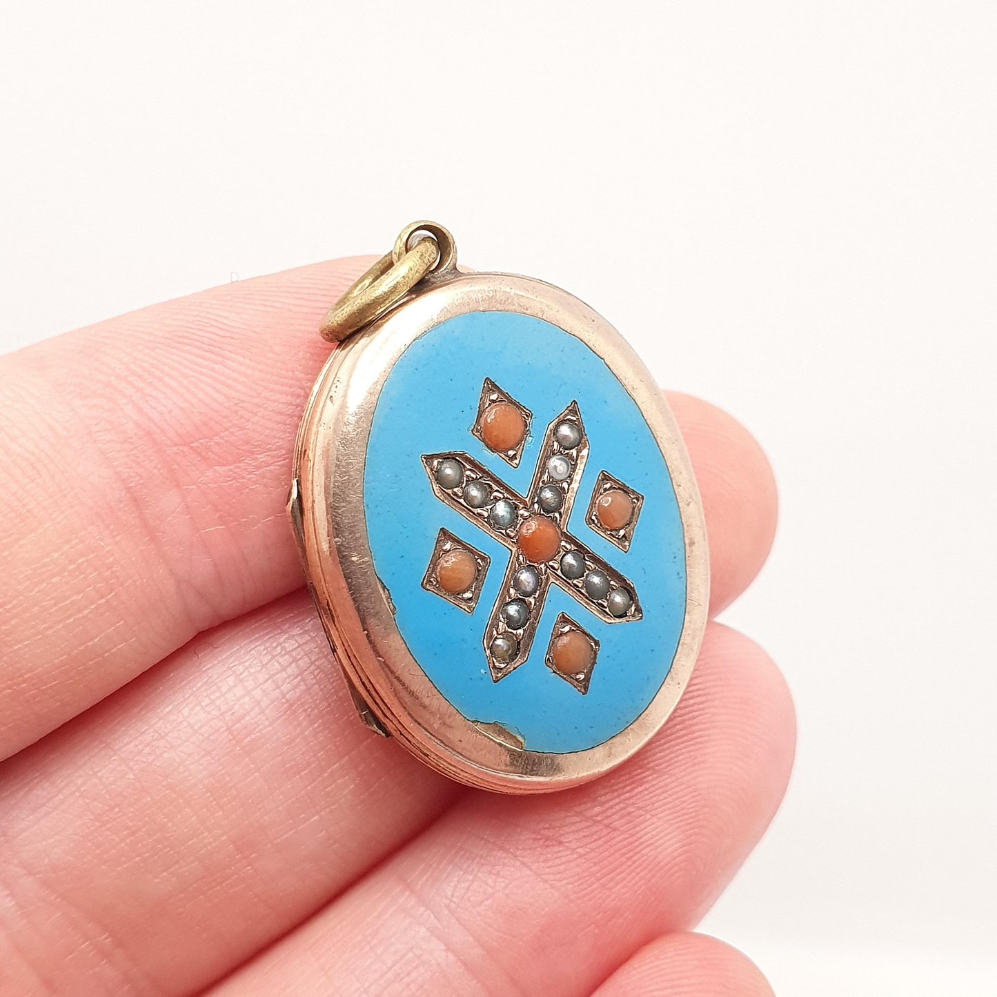 Antique 9ct Gold Coral & Seed Pearl Locket Back and Front Sky Blue Enamel Victorian Necklace Pendant 9k 9kt