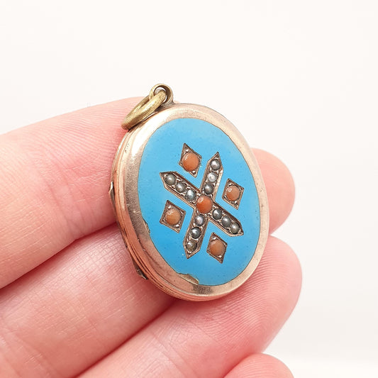 Antique 9ct Gold Coral & Seed Pearl Locket Back and Front Sky Blue Enamel Victorian Necklace Pendant 9k 9kt