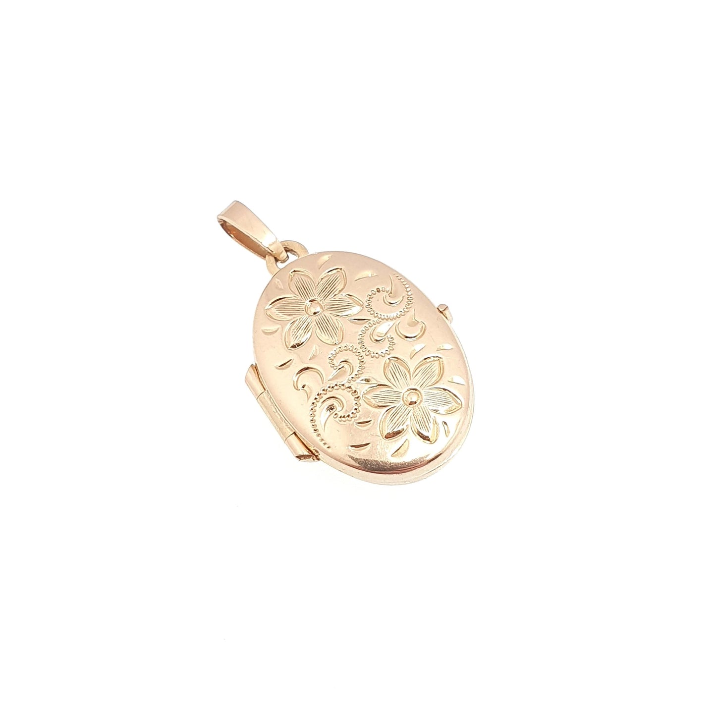 Vintage Solid 9ct 9k Gold Locket Oval All 9kt Flower Engraved Necklace Photo Picture Pendant