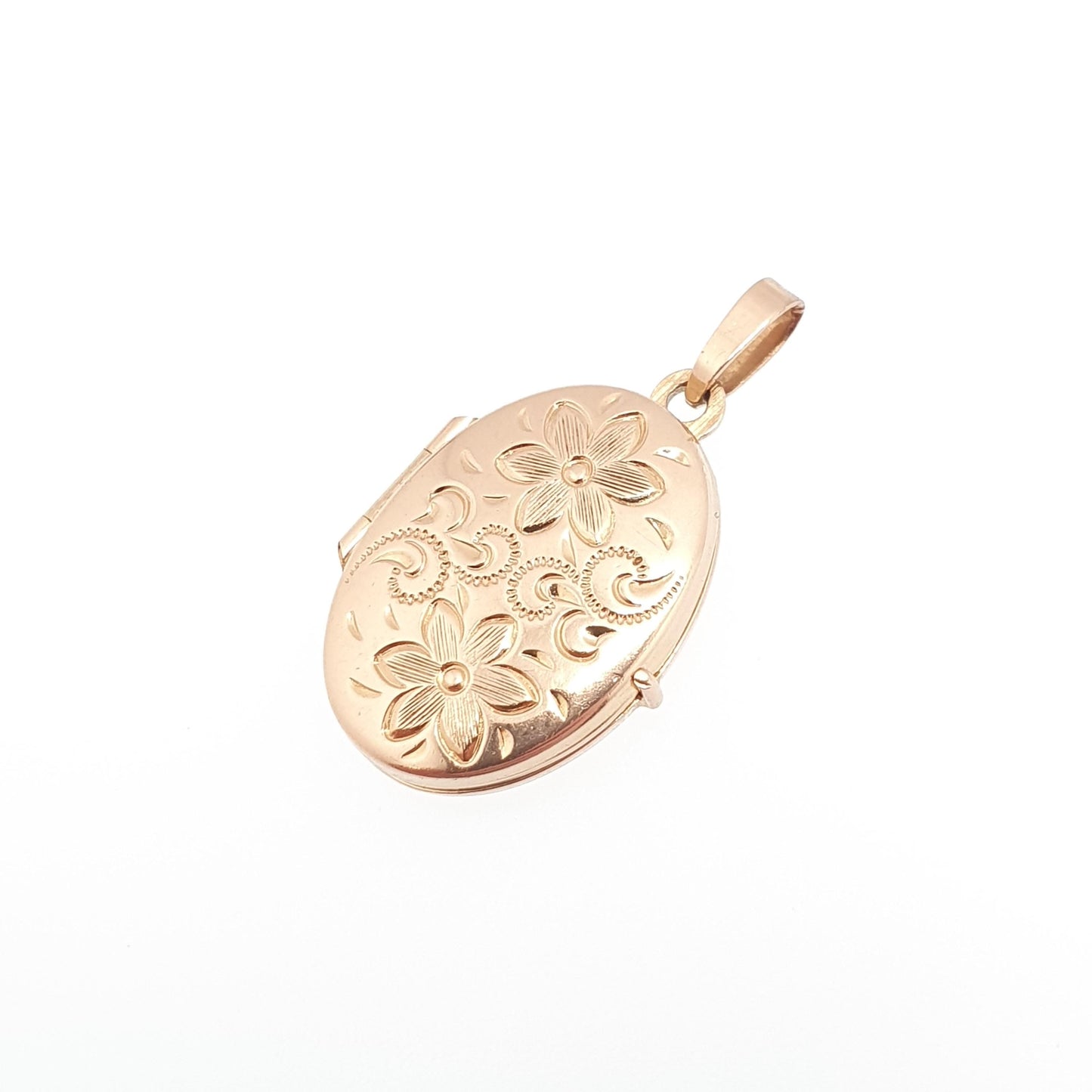 Vintage Solid 9ct 9k Gold Locket Oval All 9kt Flower Engraved Necklace Photo Picture Pendant