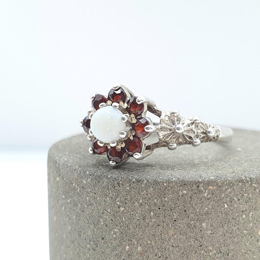 Vintage Sterling Silver Opal Garnet Ring Cluster Halo Genuine Gemstones Dimpled Shoulders Womens Girls Jewelry Jewellery UK Q US 8