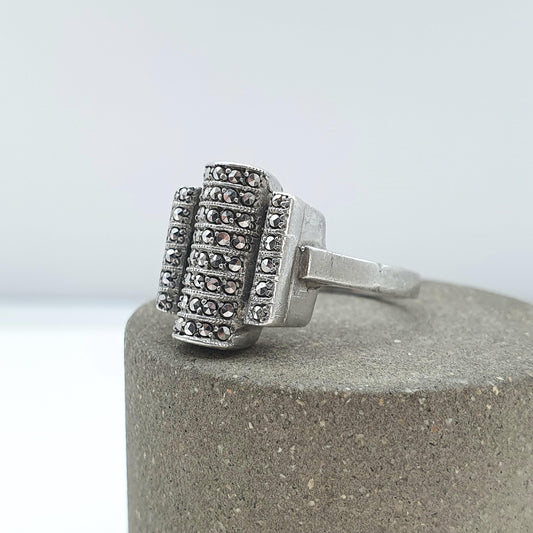 Antique Art Deco Solid Silver Marcasite Ring Geometric Cocktail Flapper Jewelry Jewellery Womens Mens UK O US 7.25