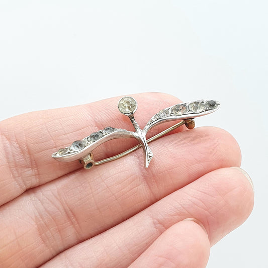 Antique Victorian Sterling Silver Diamond Paste Brooch Flower Leaf Style Art Nouveau Womens Jewelry Jewellery Vintage