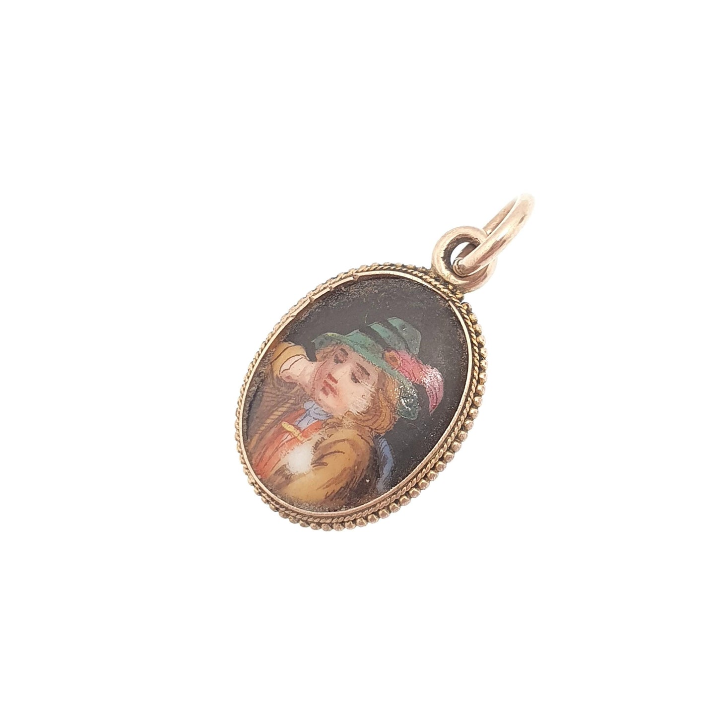 Antique Victorian 9ct Gold Portrait Pedant Necklace Hand Painted Green Hat Solid 9k 9kt 1800s Vintage