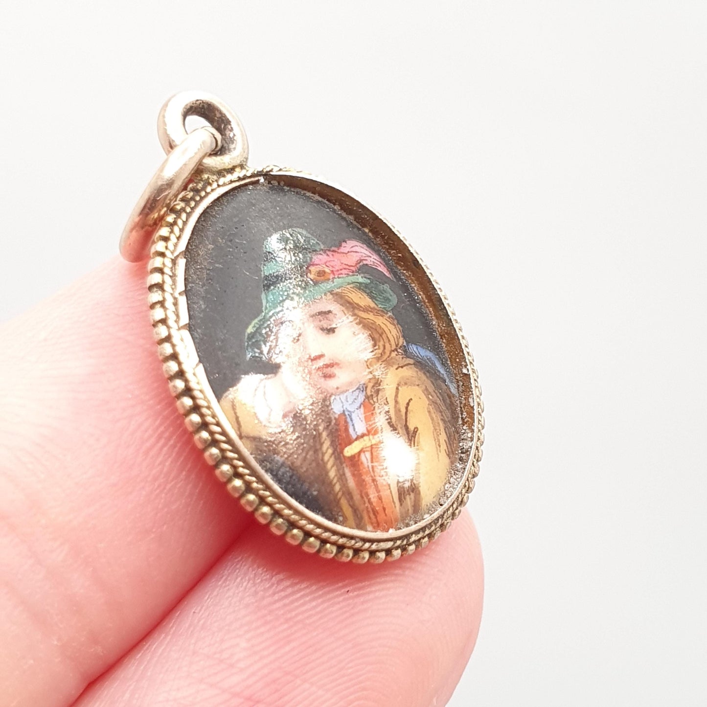 Antique Victorian 9ct Gold Portrait Pedant Necklace Hand Painted Green Hat Solid 9k 9kt 1800s Vintage