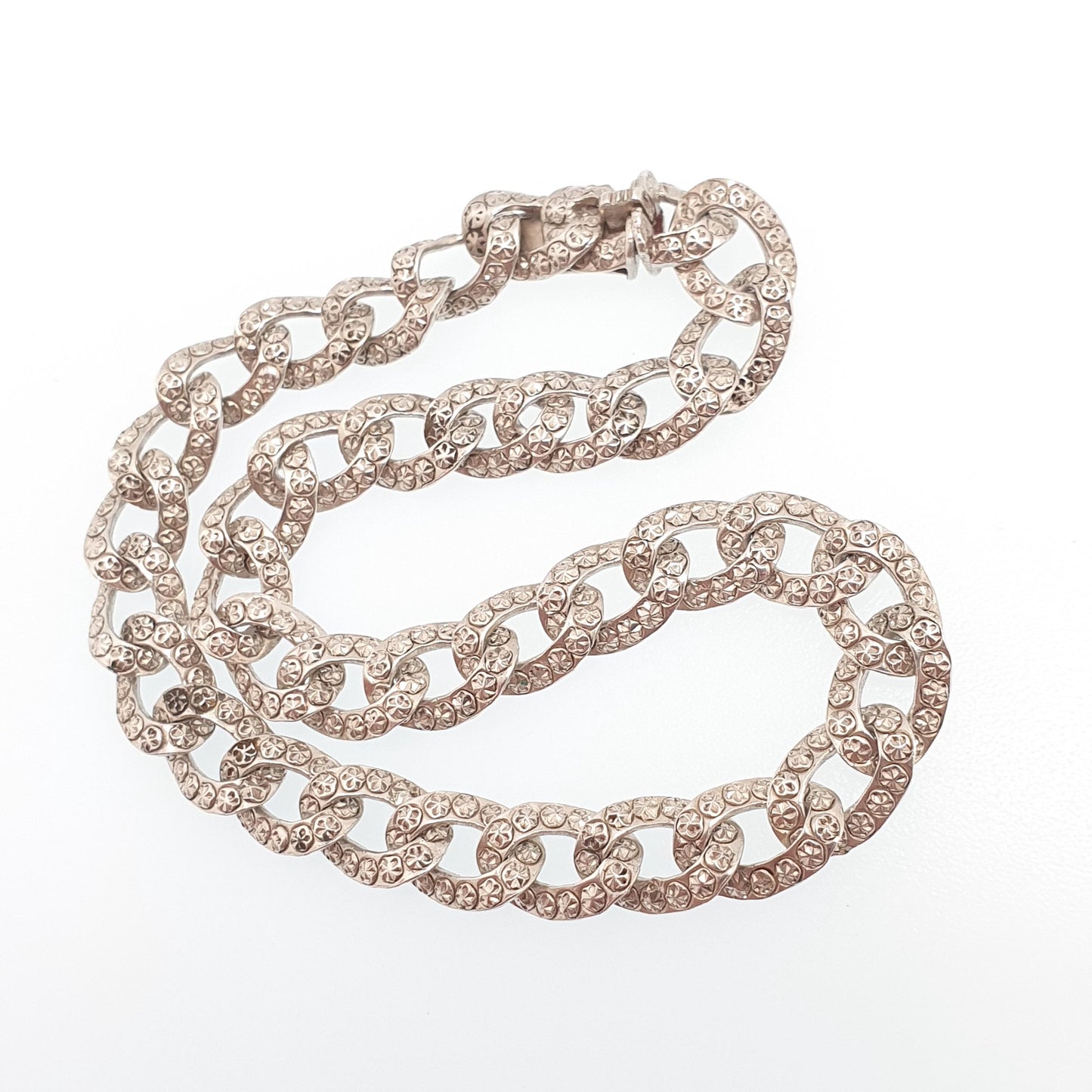 Antique Victorian Solid Silver Patterned Curb Link Bracelet Pastry Cutter Chain 10.23g 21cm Womens Mens Vintage