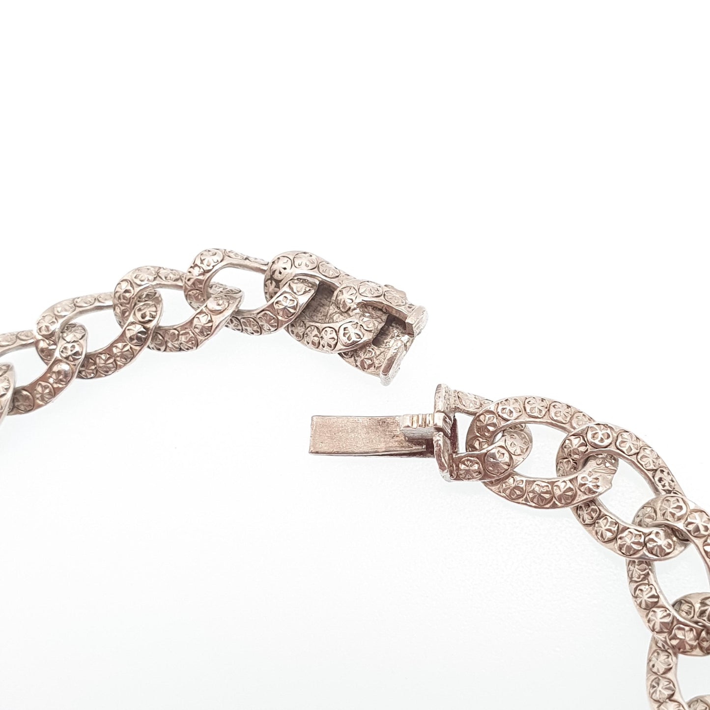 Antique Victorian Solid Silver Patterned Curb Link Bracelet Pastry Cutter Chain 10.23g 21cm Womens Mens Vintage