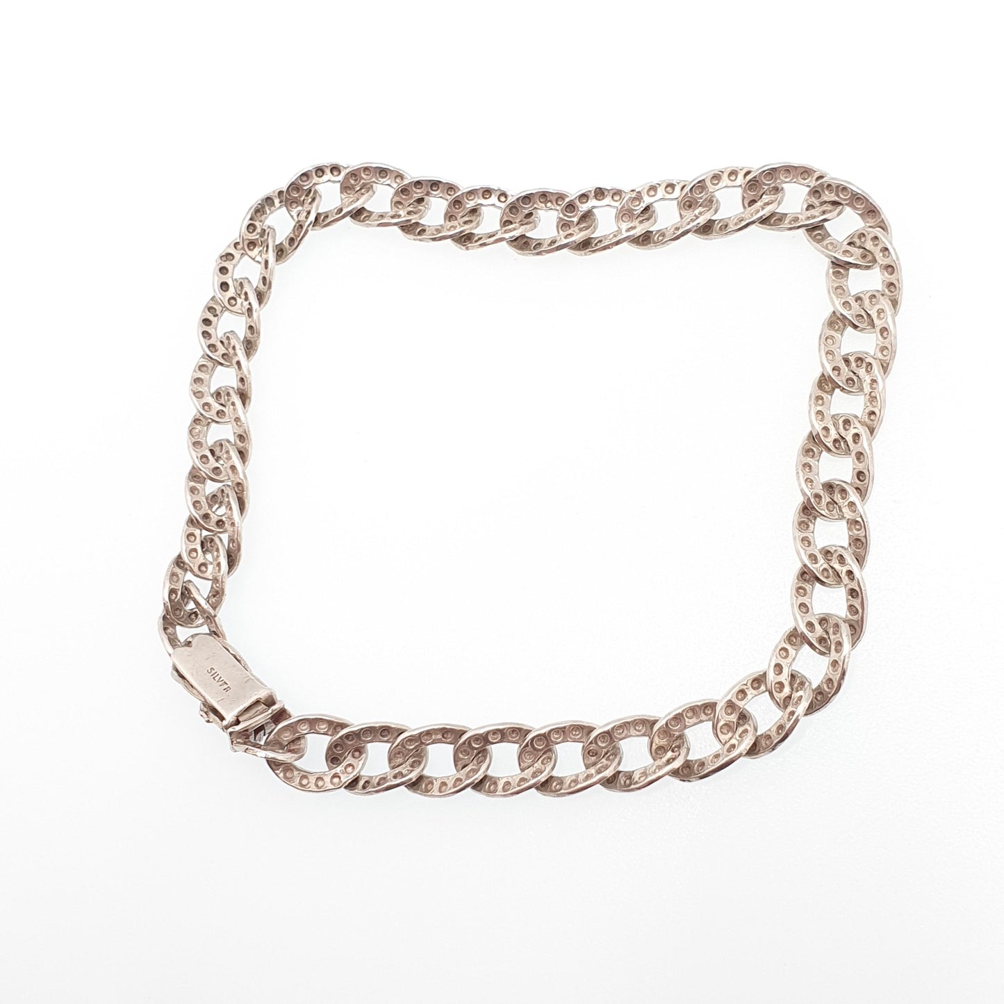 Antique Victorian Solid Silver Patterned Curb Link Bracelet Pastry Cutter Chain 10.23g 21cm Womens Mens Vintage