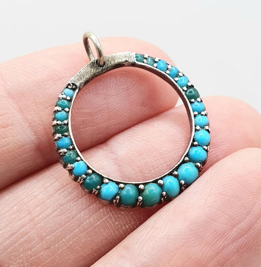 Antique Victorian Solid Silver Natural Turquoise Circle Pendant Necklace Round Infinity Womens Jewellery Jewelry Unisex