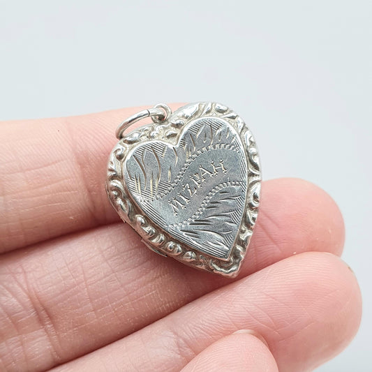 Antique Victorian Solid Silver MIZPAH Heart Pendant Necklace Womens Mens Jewelry Vintage Jewellery
