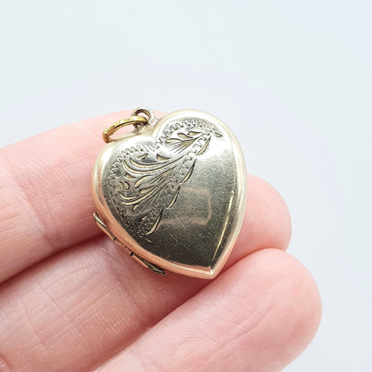 Antique Rolled Gold Heart Locket Gold Filled Art Deco Hand Engraved Pendant Necklace Vintage Jewellery