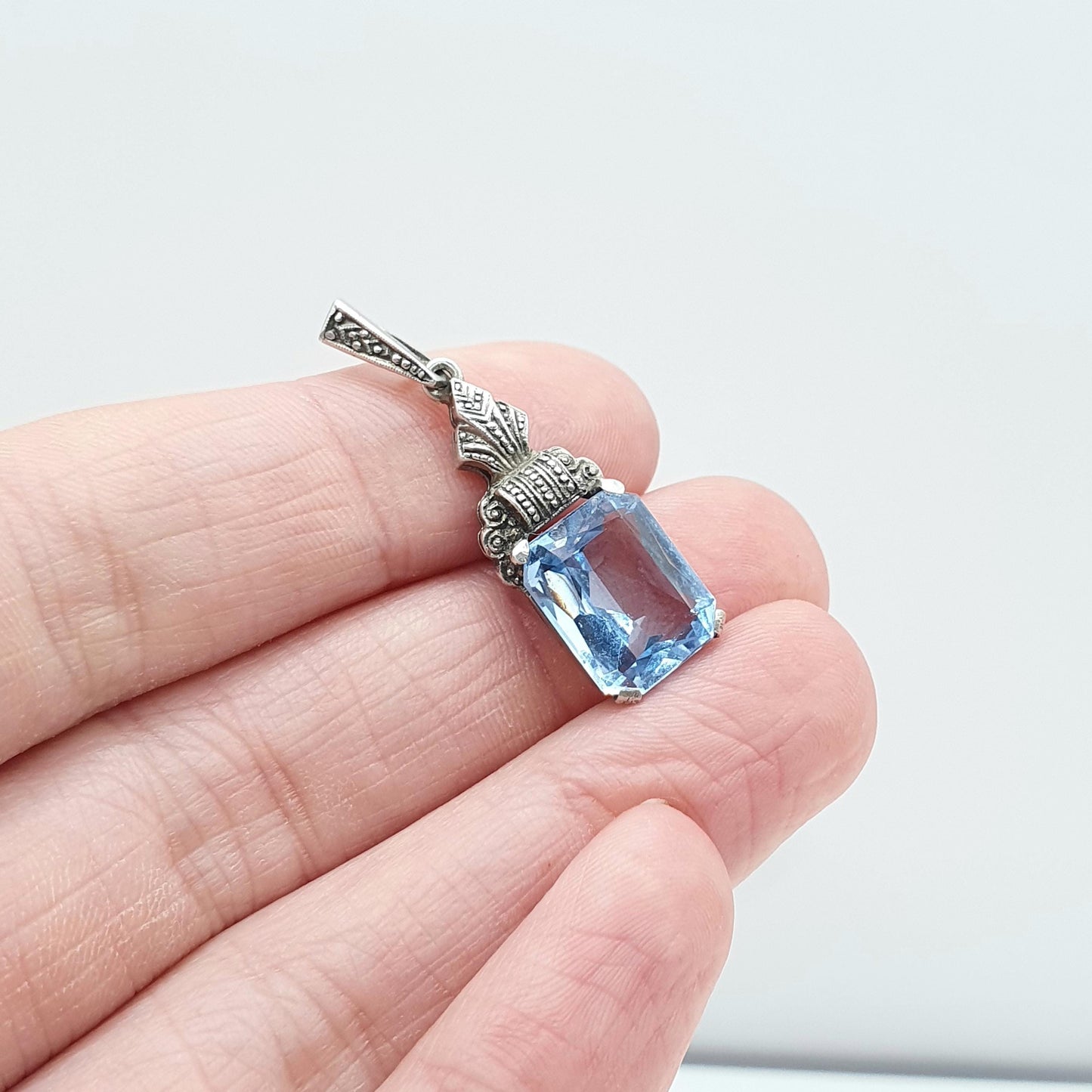 Antique Art Deco Solid Silver Blue Spinel Pendant Rectangular Cut Gemstone Vintage Ladies Womens Jewelry Jewellery