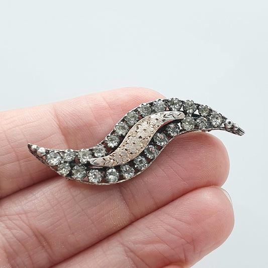 Antique Victorian Solid Silver Diamond Paste Wave Brooch Rose Gold Centre Vintage Fine Jewelry Jewellery Womens Mens Gift