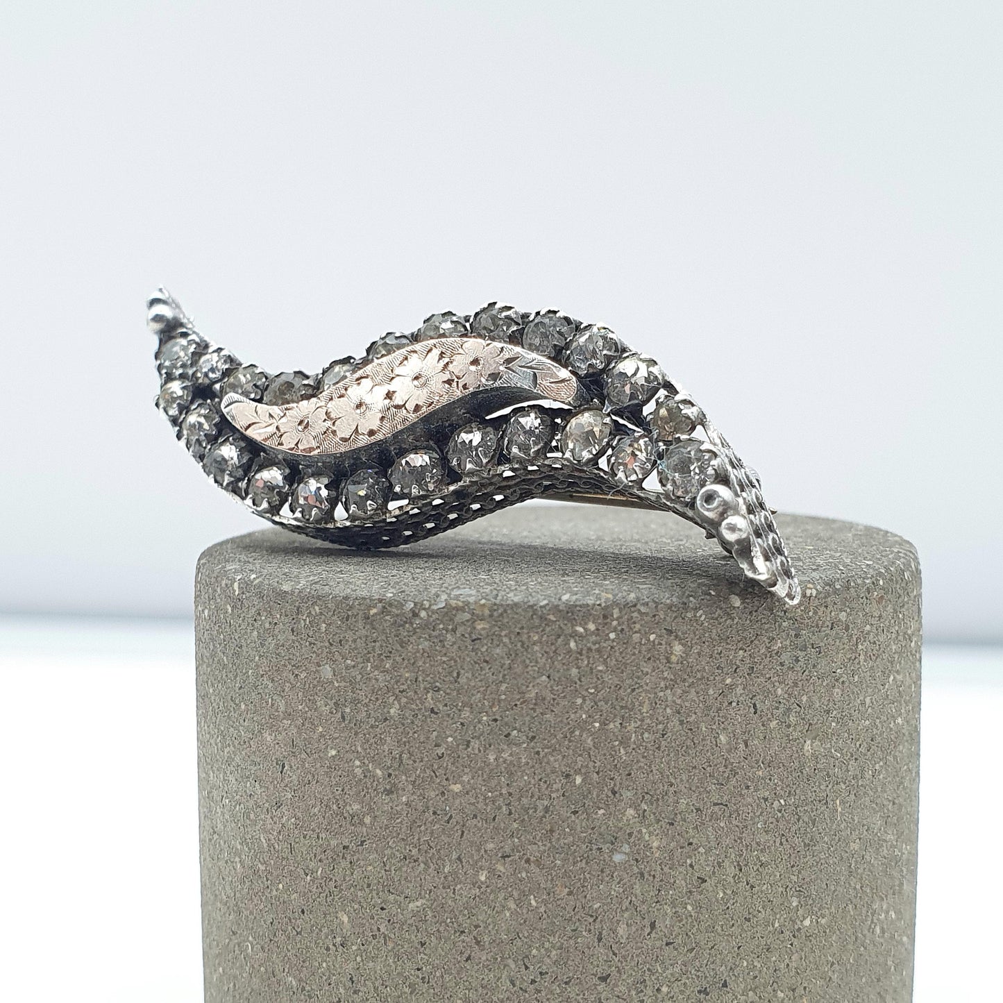 Antique Victorian Solid Silver Diamond Paste Wave Brooch Rose Gold Centre Vintage Fine Jewelry Jewellery Womens Mens Gift