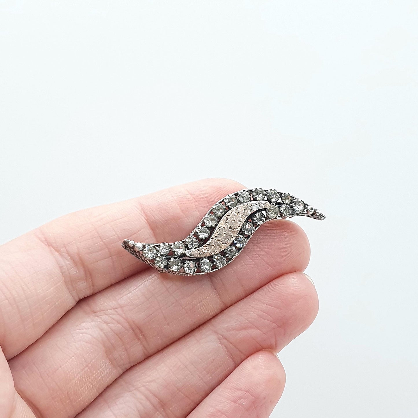 Antique Victorian Solid Silver Diamond Paste Wave Brooch Rose Gold Centre Vintage Fine Jewelry Jewellery Womens Mens Gift