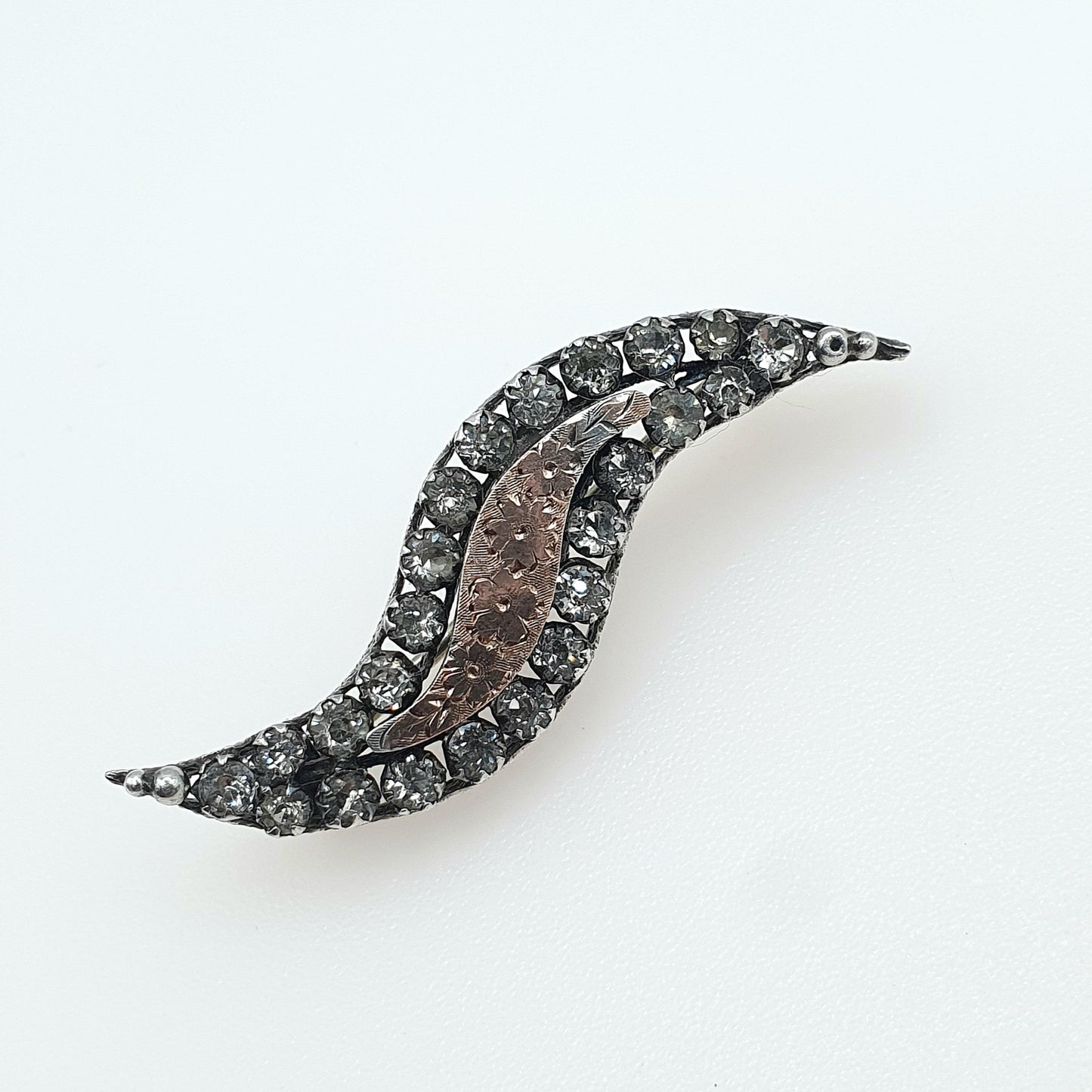 Antique Victorian Solid Silver Diamond Paste Wave Brooch Rose Gold Centre Vintage Fine Jewelry Jewellery Womens Mens Gift