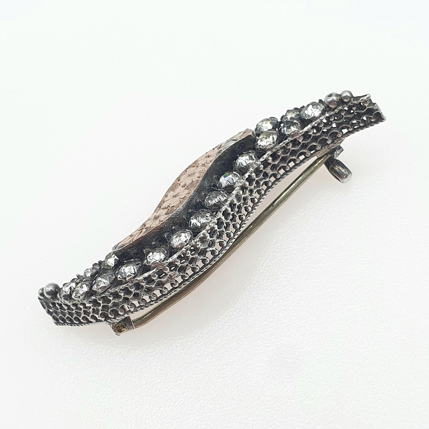 Antique Victorian Solid Silver Diamond Paste Wave Brooch Rose Gold Centre Vintage Fine Jewelry Jewellery Womens Mens Gift
