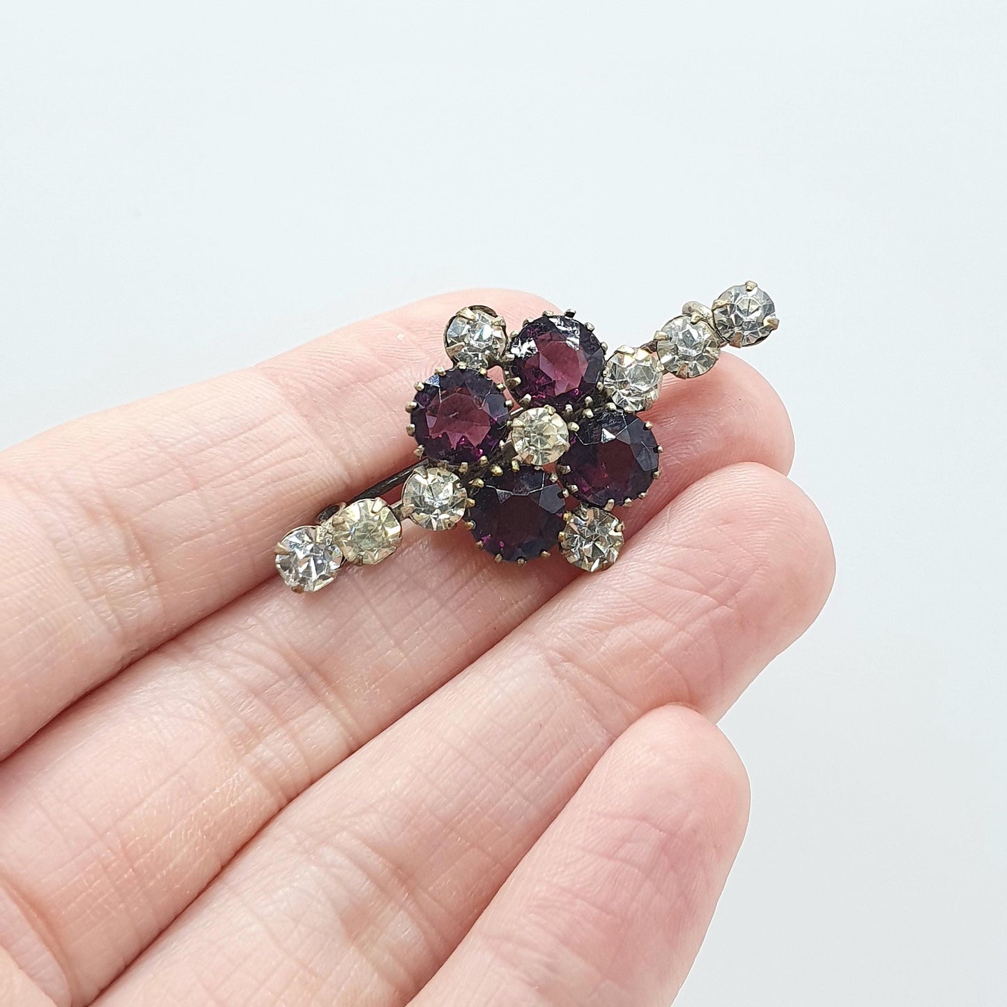 Antique Victorian Amethyst & Diamond Paste Brooch Cruciform Shape Silver Plate Purple Vintage Womens Ladies Jewelry Jewellery