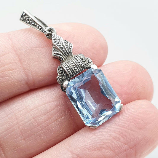 Antique Art Deco Solid Silver Blue Spinel Pendant Rectangular Cut Gemstone Vintage Ladies Womens Jewelry Jewellery