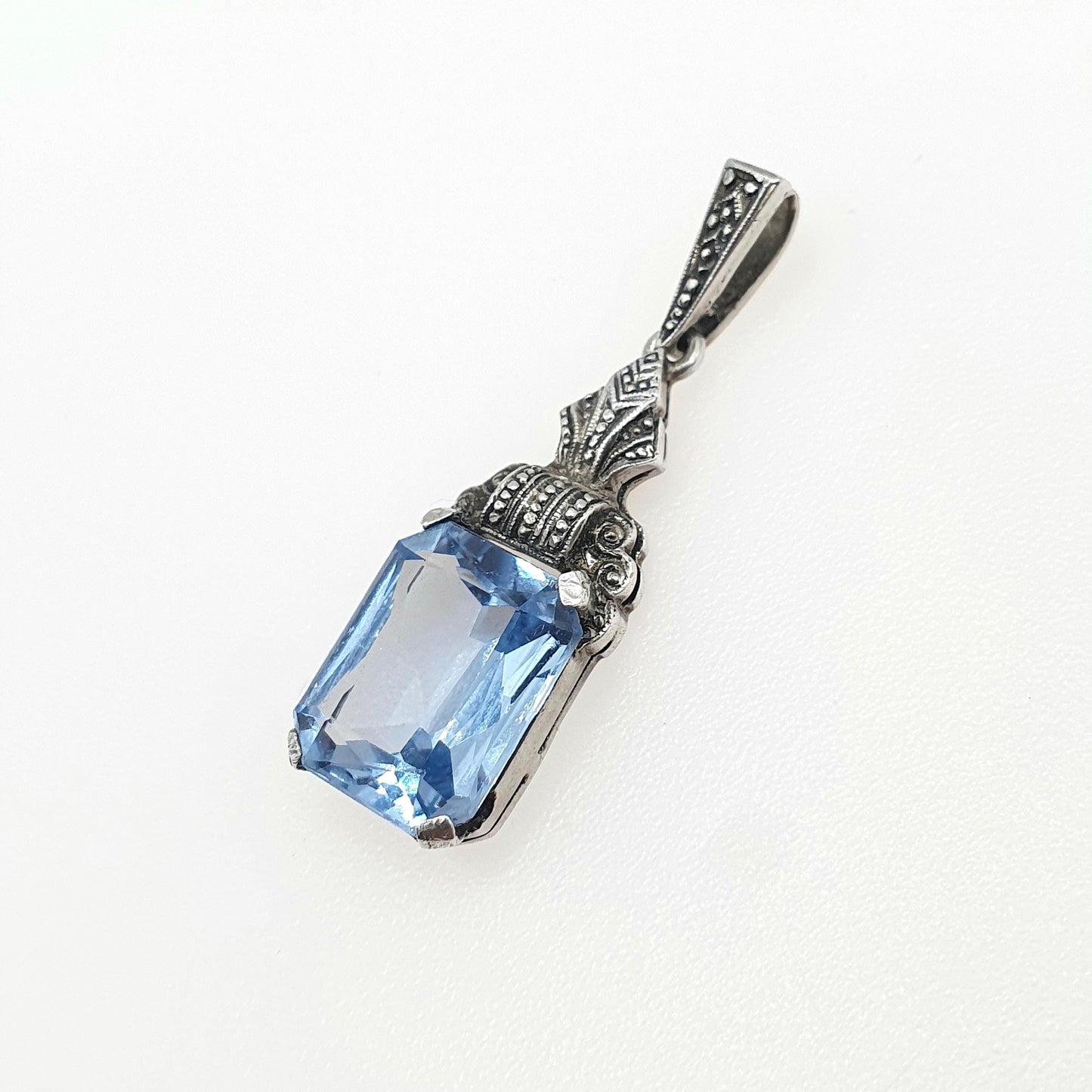 Antique Art Deco Solid Silver Blue Spinel Pendant Rectangular Cut Gemstone Vintage Ladies Womens Jewelry Jewellery