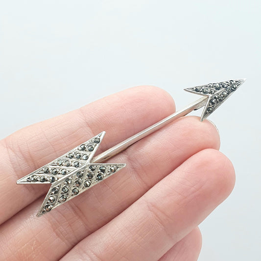 Antique Solid Silver Arrow Brooch Pin Marcasite Art Deco Cupid Love Romantic Vintage Jewellery Jewelry