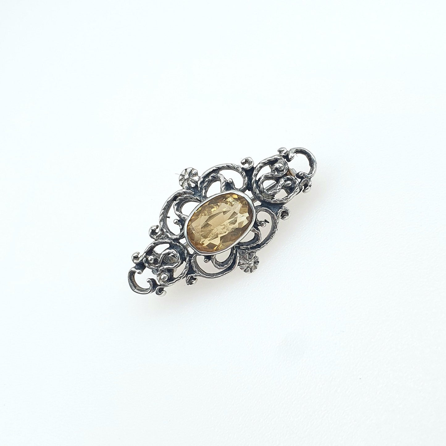 Antique Solid Silver Citrine Brooch Art Nouveau Style Oval Cut Orange Gemstone Flower Vintage Jewelry Jewellery