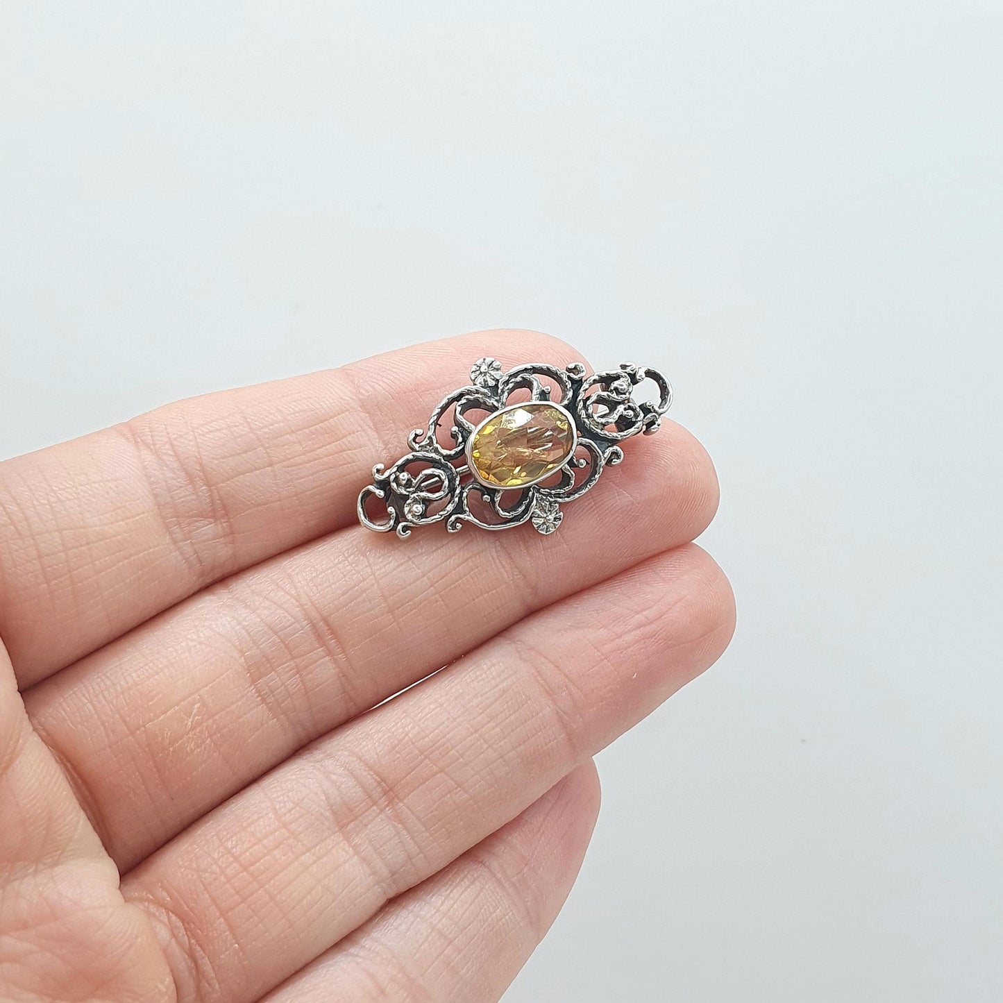Antique Solid Silver Citrine Brooch Art Nouveau Style Oval Cut Orange Gemstone Flower Vintage Jewelry Jewellery