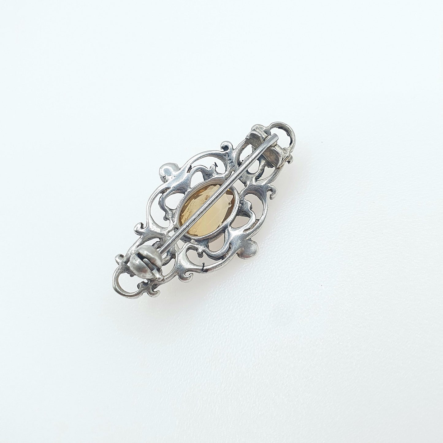Antique Solid Silver Citrine Brooch Art Nouveau Style Oval Cut Orange Gemstone Flower Vintage Jewelry Jewellery
