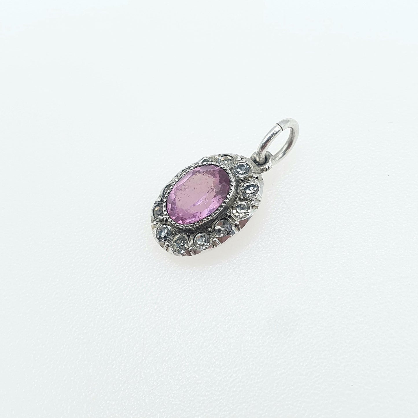 Antique Victorian Solid Silver Pink & Diamond Paste Pendant Halo Cluster Small Oval Vintage Necklace Jewellery Jewelry