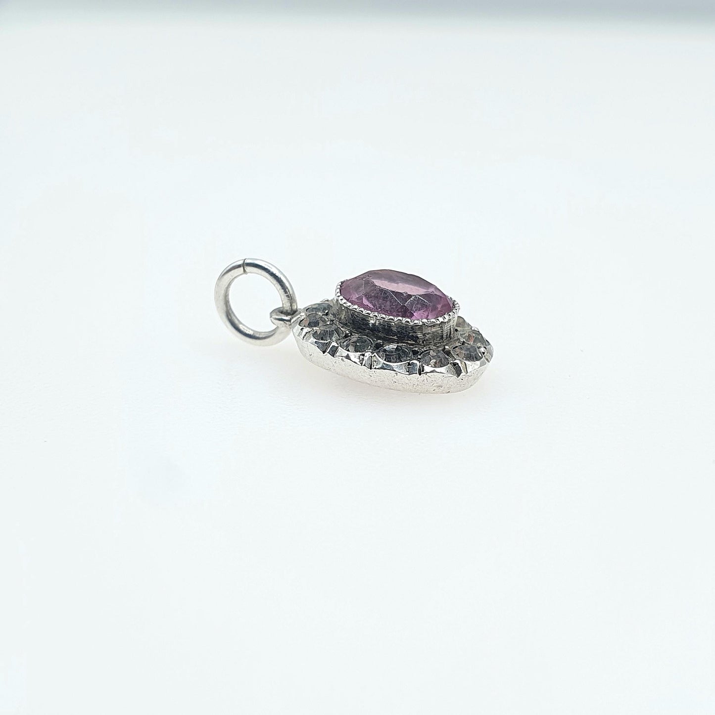 Antique Victorian Solid Silver Pink & Diamond Paste Pendant Halo Cluster Small Oval Vintage Necklace Jewellery Jewelry