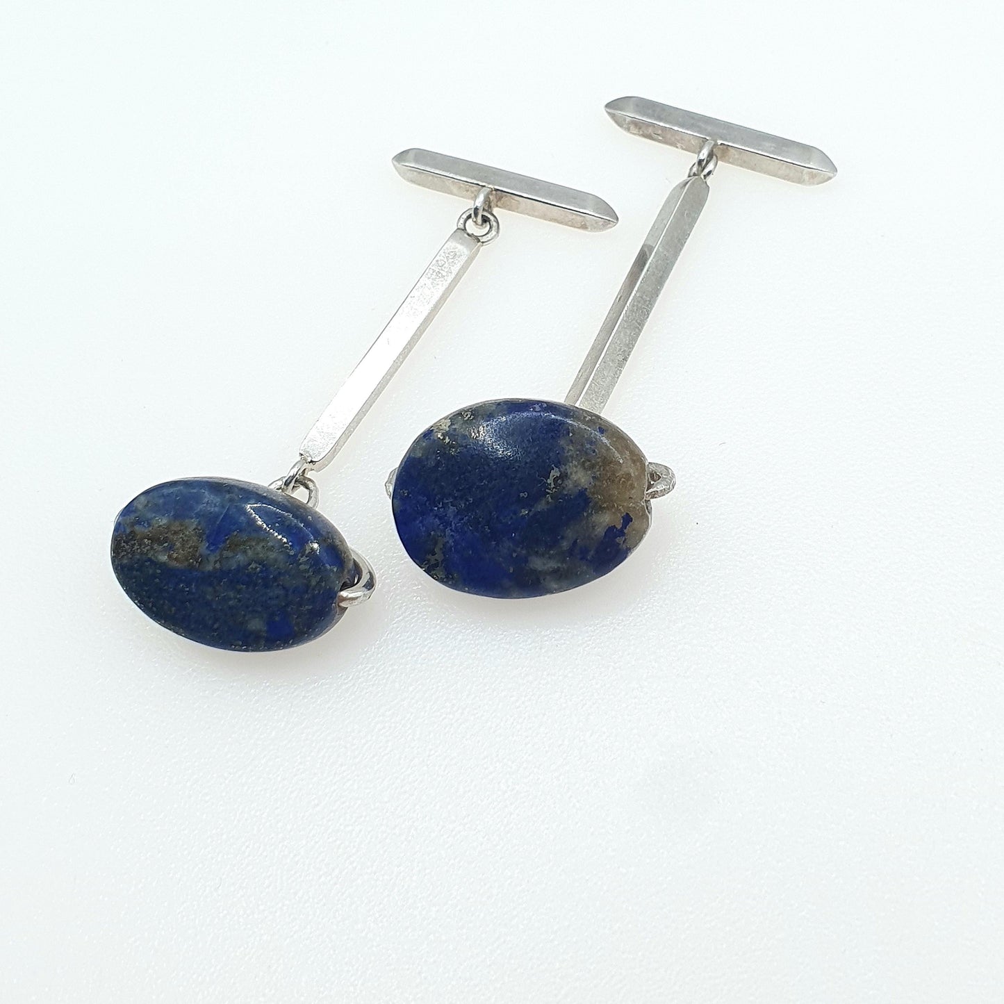 Vintage Solid Silver Lapis Lazuli Cuff Links Brutalist Style Bar Link Genuine Gemstone Blue Cufflinks Jewelry Mens Jewellery