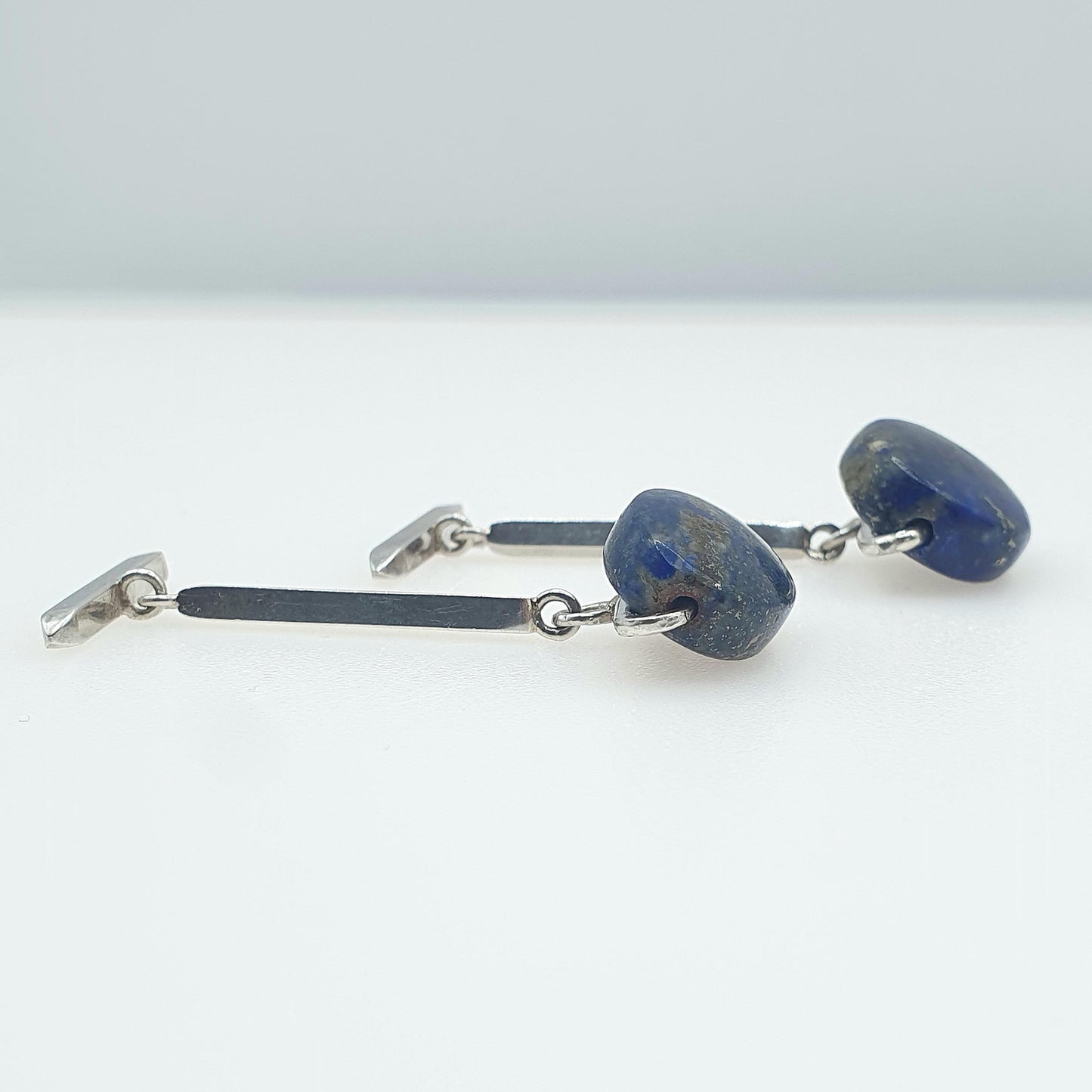 Vintage Solid Silver Lapis Lazuli Cuff Links Brutalist Style Bar Link Genuine Gemstone Blue Cufflinks Jewelry Mens Jewellery