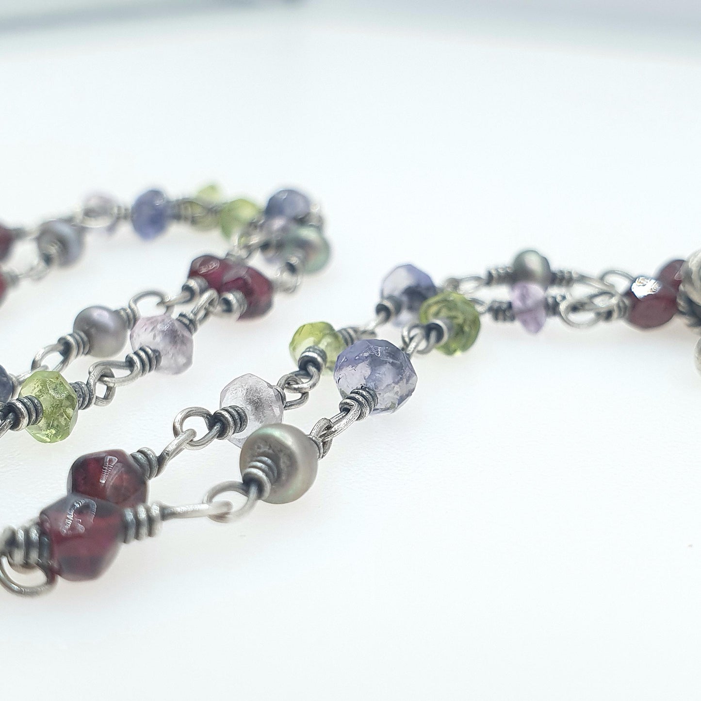 Vintage Sterling Silver Garnet Pendant Peridot Amethyst Bead Necklace Bohemian Multi Gemstone Jewelry Jewellery