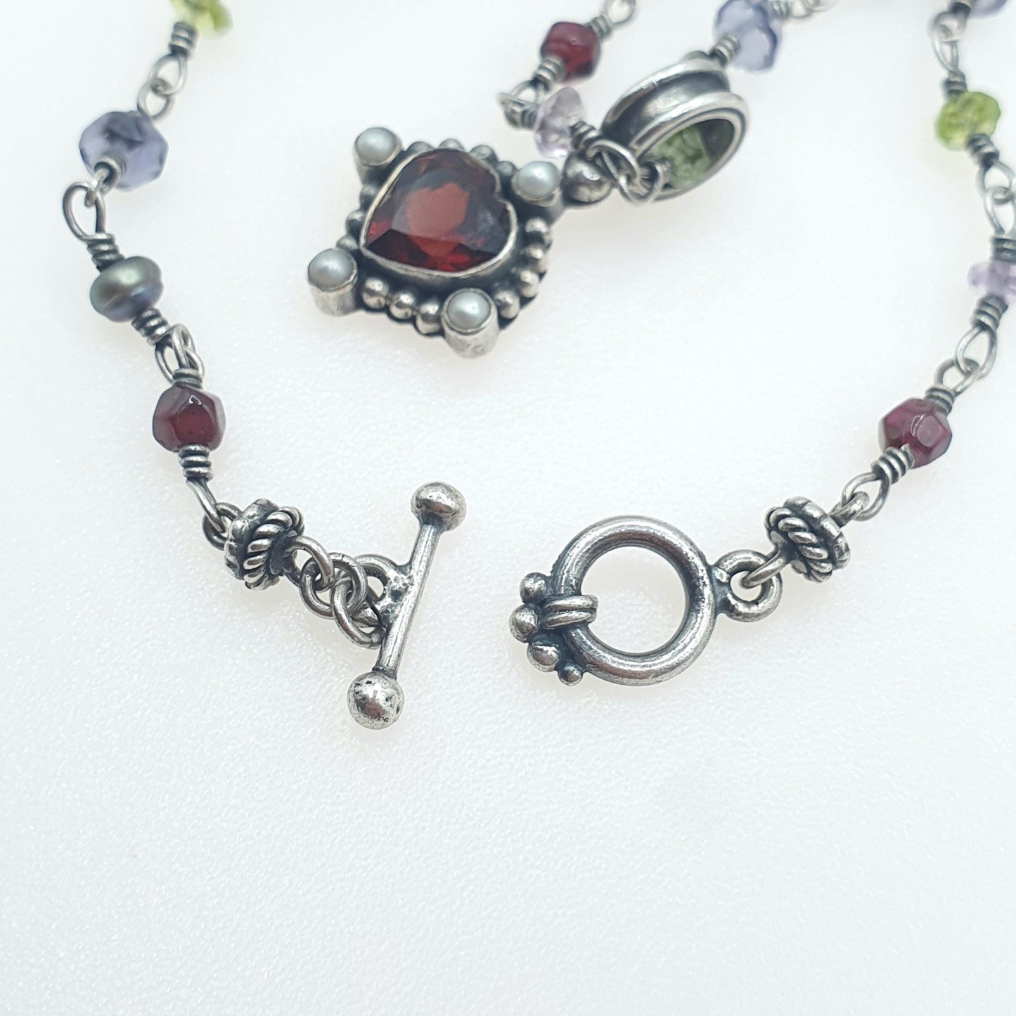 Vintage Sterling Silver Garnet Pendant Peridot Amethyst Bead Necklace Bohemian Multi Gemstone Jewelry Jewellery