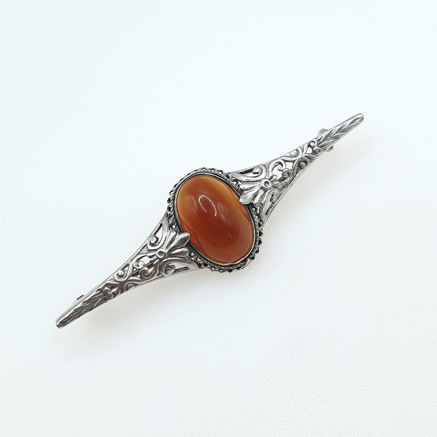 Antique Solid Silver Natural Carnelian Brooch Orange Arts and Crafts Handmade Quartz Gemstone Vintage Jewelry Jewellery