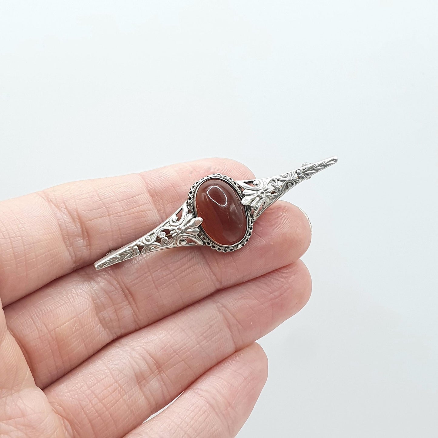 Antique Solid Silver Natural Carnelian Brooch Orange Arts and Crafts Handmade Quartz Gemstone Vintage Jewelry Jewellery