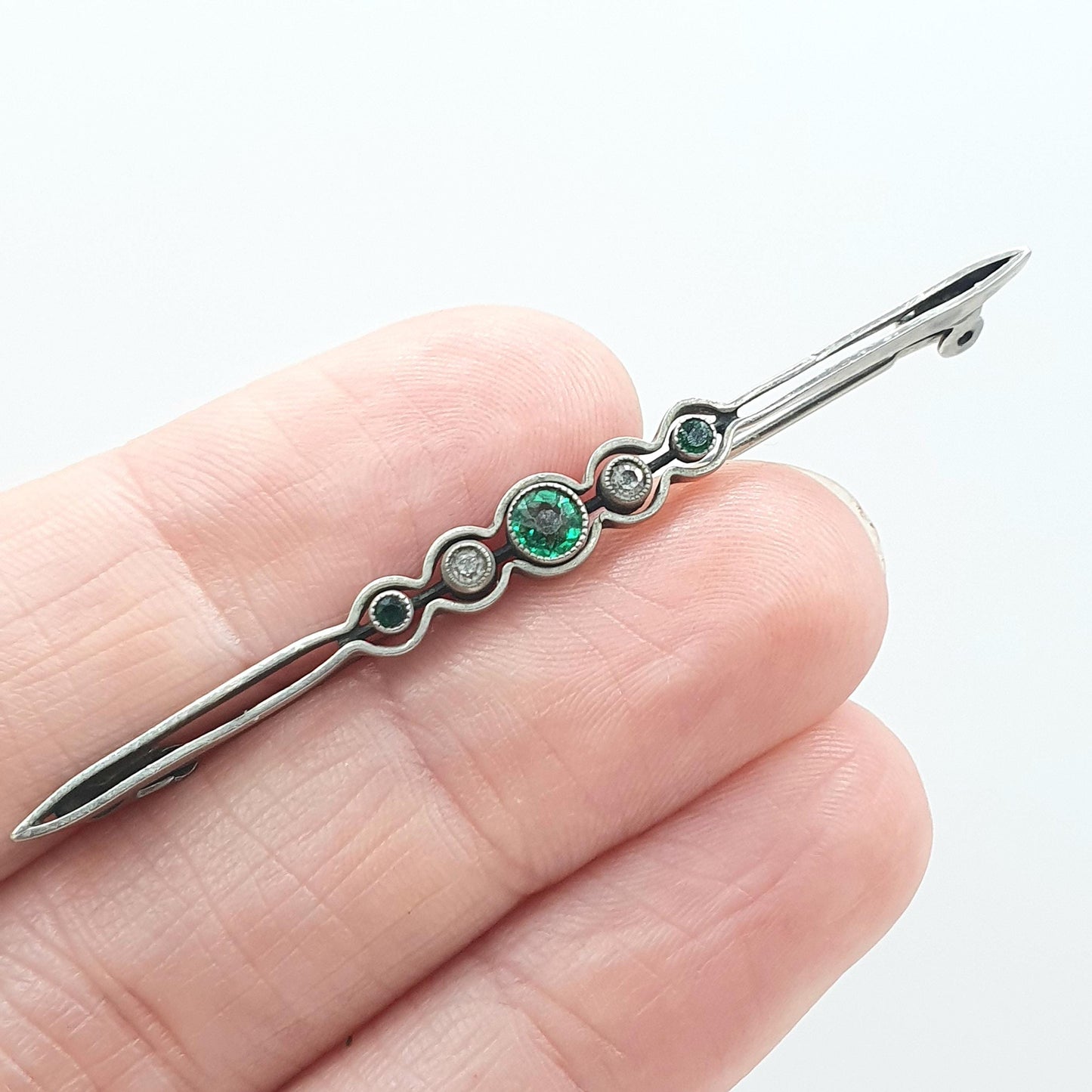 Antique Art Deco Emerald & Diamond Paste Brooch Silver Tone Base Metal Womens Jewelry Jewellery Mens Green Unisex