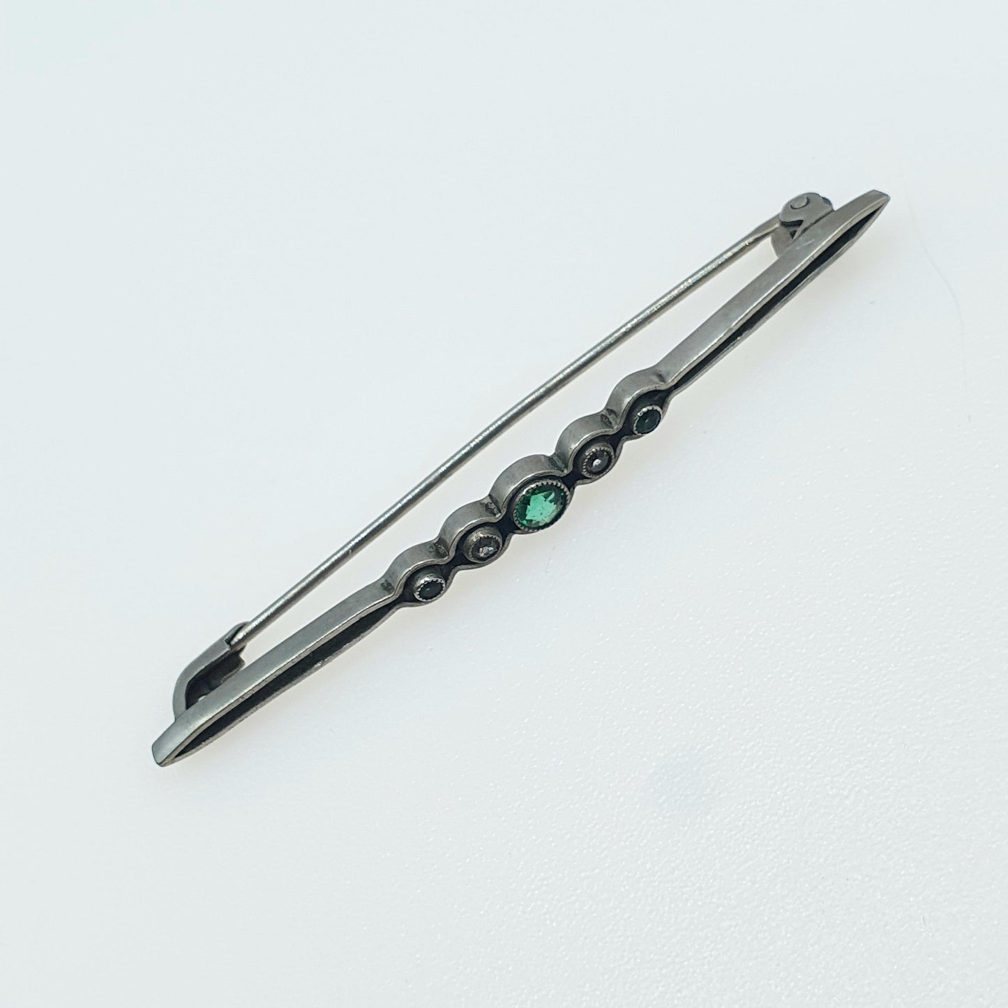 Antique Art Deco Emerald & Diamond Paste Brooch Silver Tone Base Metal Womens Jewelry Jewellery Mens Green Unisex