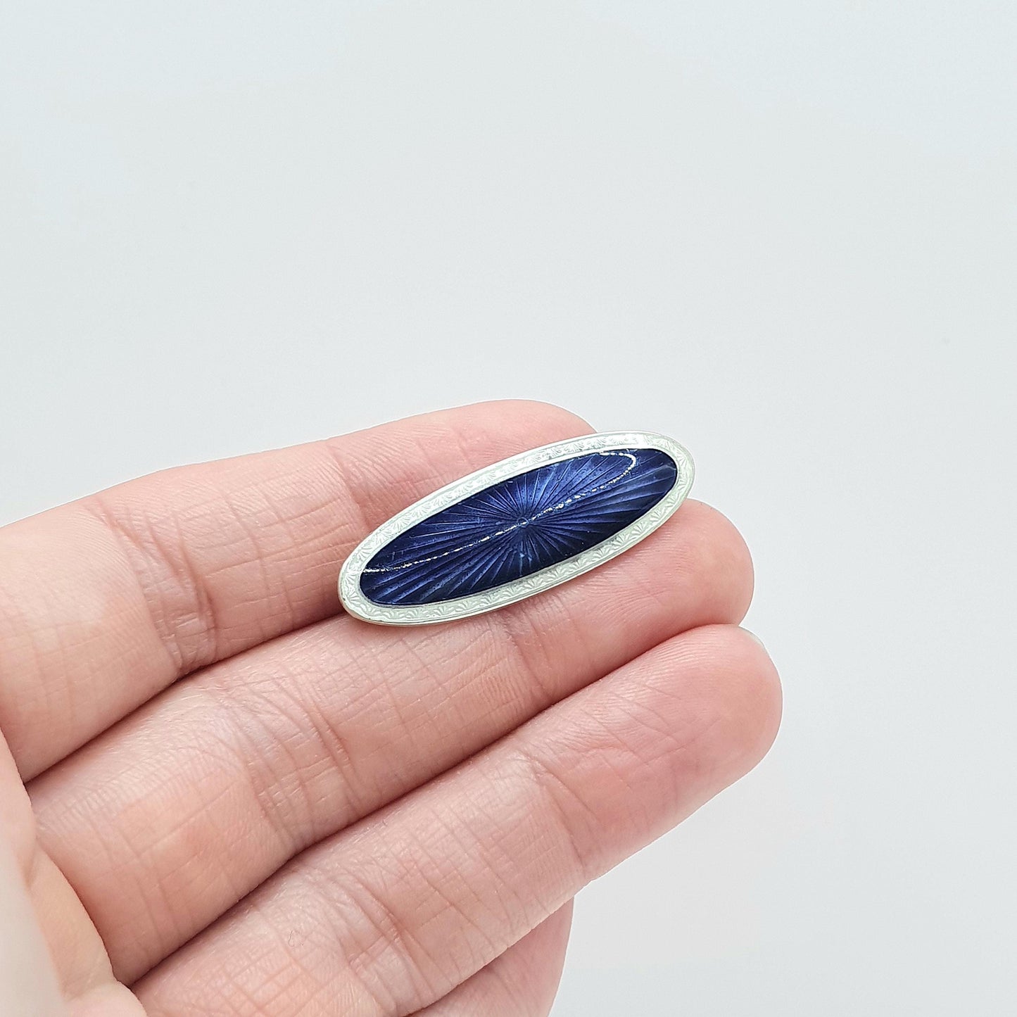 Antique Sterling Silver Guilloche Enamel Brooch White Blue JA&S John Aitkens and Son Vintage Scandinavian Style Jewelry Jewellery