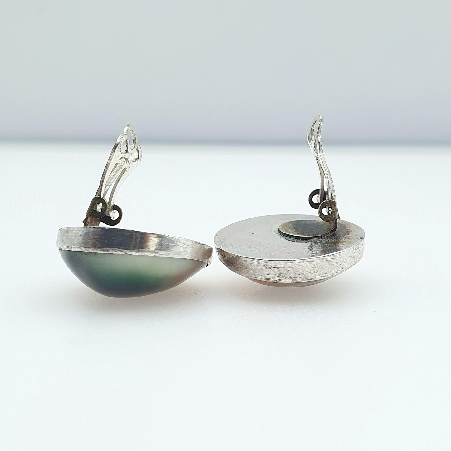 Antique Solid Silver Opeculum Earrings Clip On Sea Snail Shell Large Art Deco Womens Vintage Jewelry Jewellery Unisex