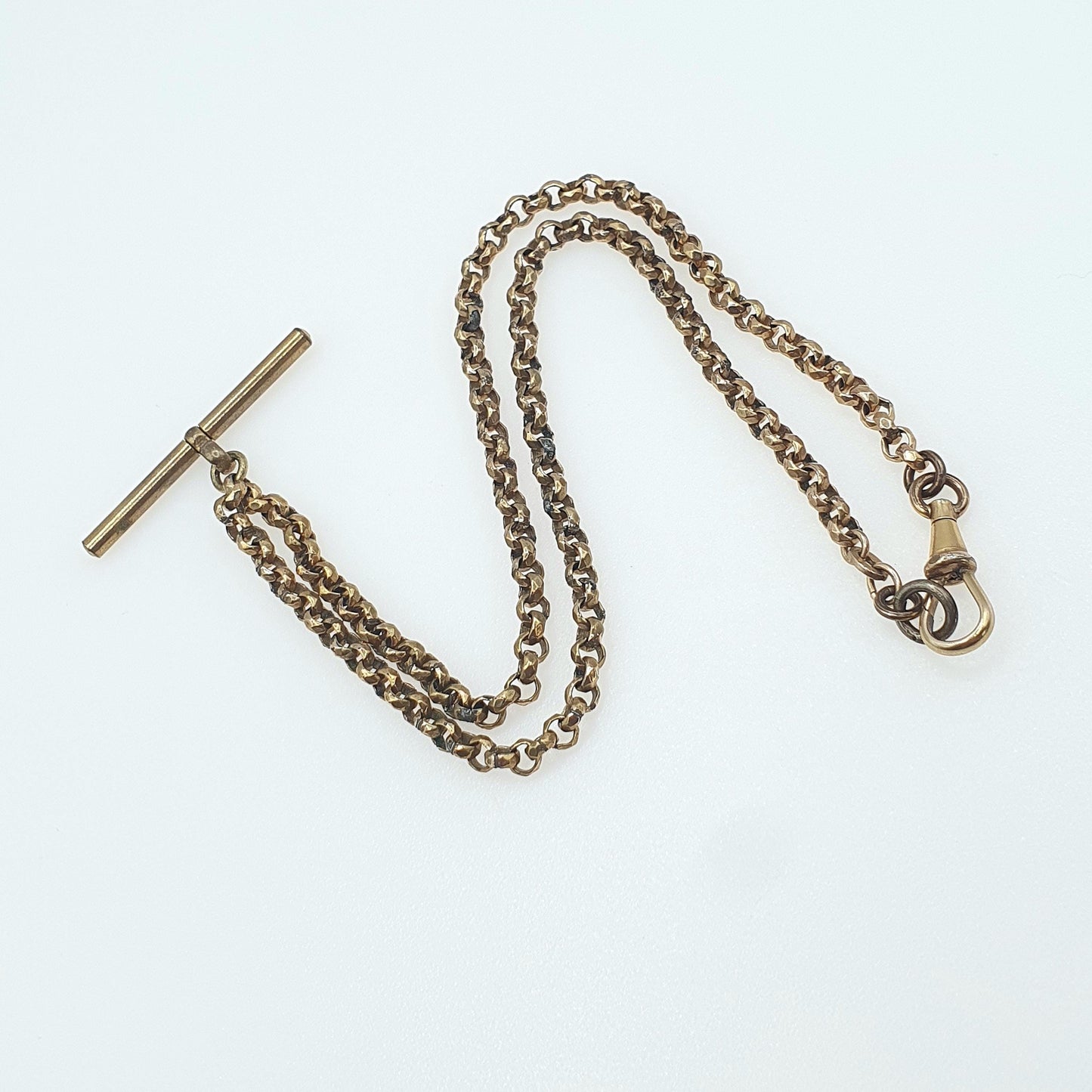 Antique Rolled Gold Belcher Link T Bar Necklace Dog Clip Albert Chain Pocket Watch Gold Filled Vintage Jewellery 44cm 16.99g